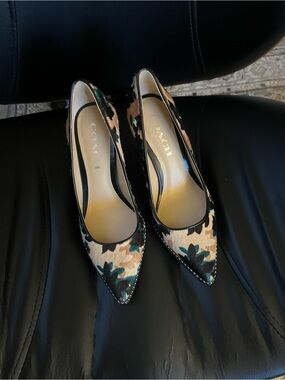 Coach Floral Pointed Toe Pumps in Beige, Black & Teal Accents